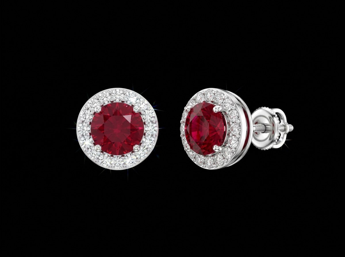 Lab-grown ruby halo studs, design render in white gold