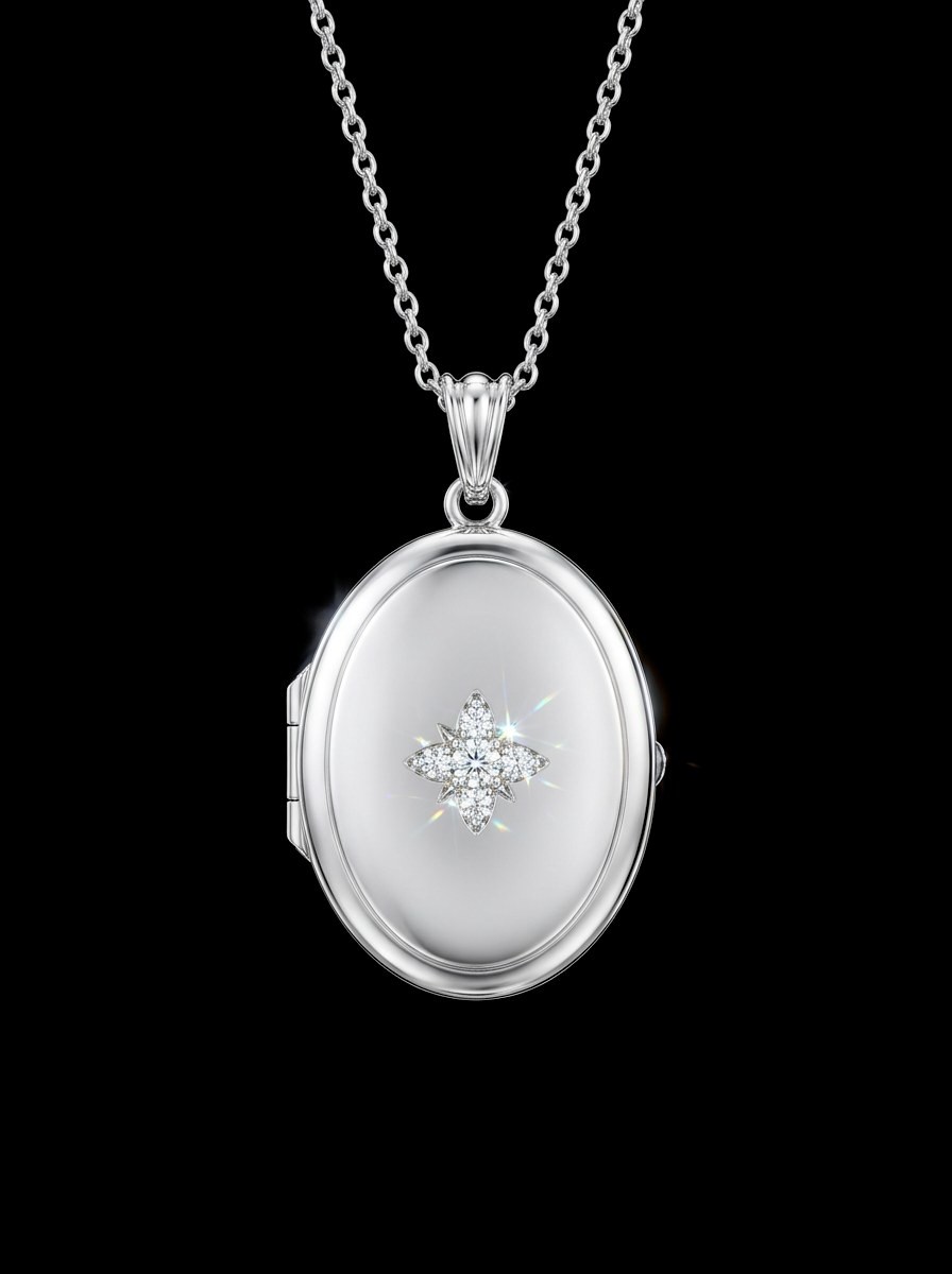 Diamond locket, design render in white gold