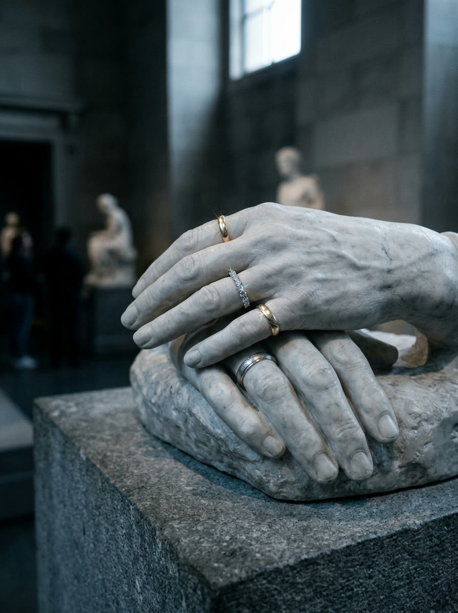 Two marble hands resting together with wedding bands