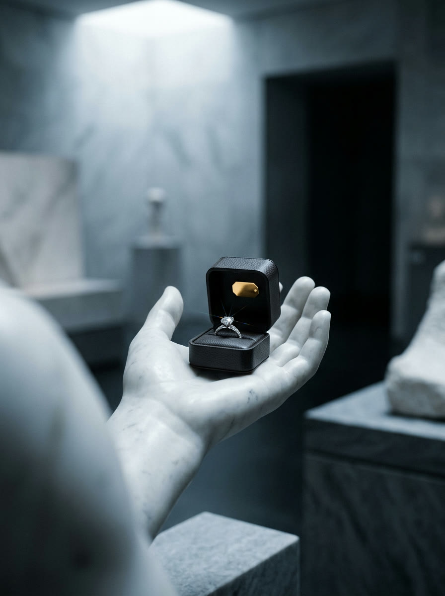 A marble hand offering an open ring box