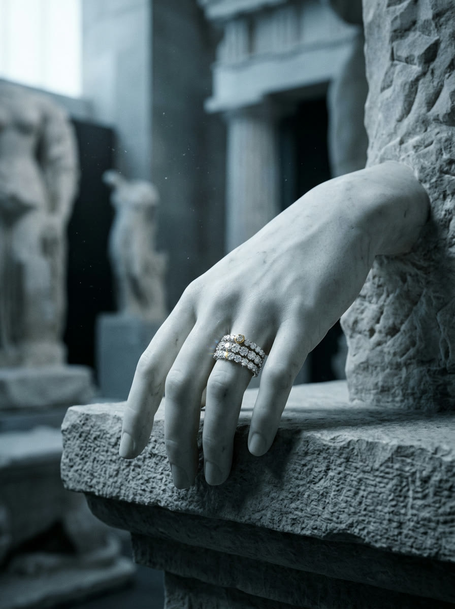 A marble hand wearing three stacked diamond rings