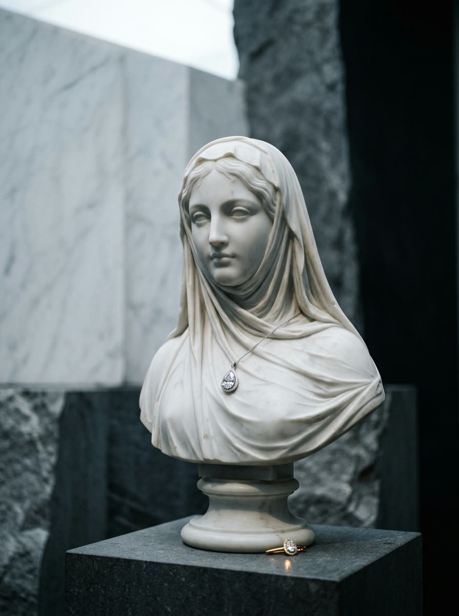 A veiled marble bride with a pear diamond pendant